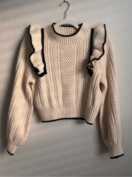 MARBLE Sweaters - Mable | Cream Cable Knit Ruffle Trim Sweater